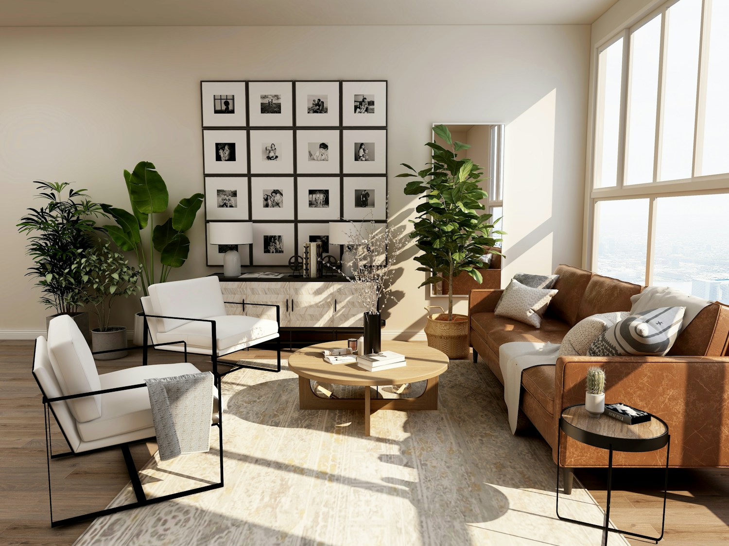 Bright living room with natural textures, comfortable seating and home accessories